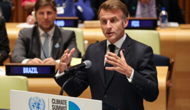 French President Emmanuel Macron delivers remarks during the “Climate Summit 2025” on the sidelines of the United Nations General Assembly at the U.N. headquarters in New York City on Sept. 24, 2025. Credit: Ludovic Marin/AFP via Getty Images