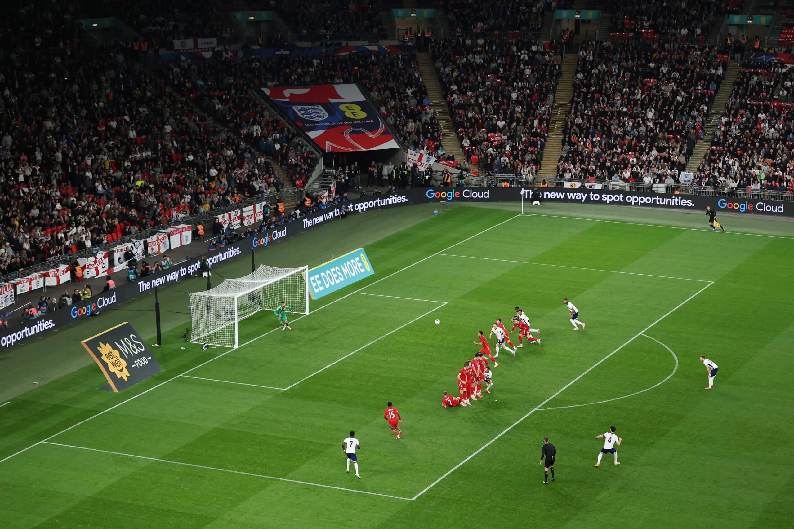 An aerial view as Declan Rice takes a free kick during the friendly between England and Wales at Wembley Stadium
