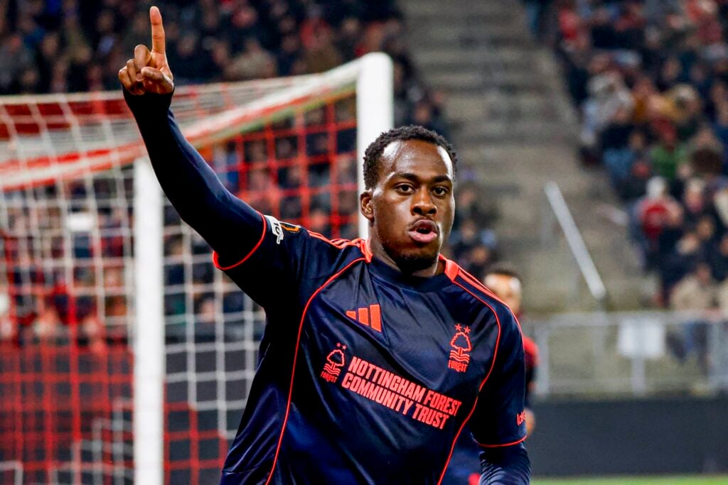Arnaud Kalimuendo celebrates after scoring for Nottingham Forest