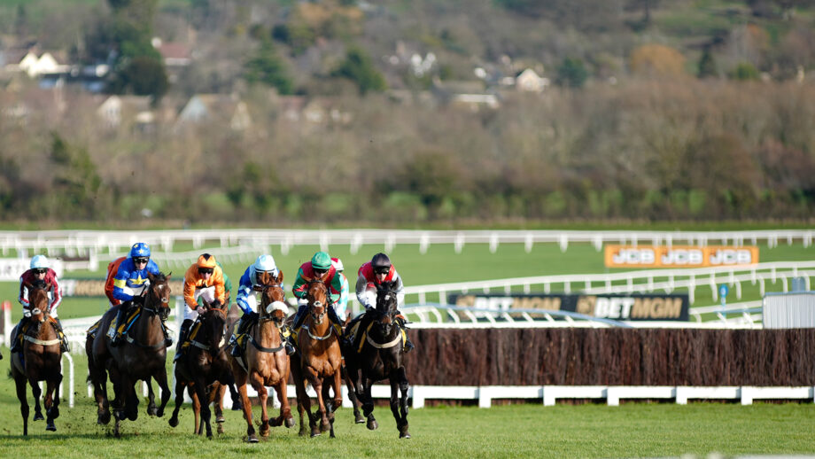 View of horses running on Cheltenham Raceourse with view of countryside in background
