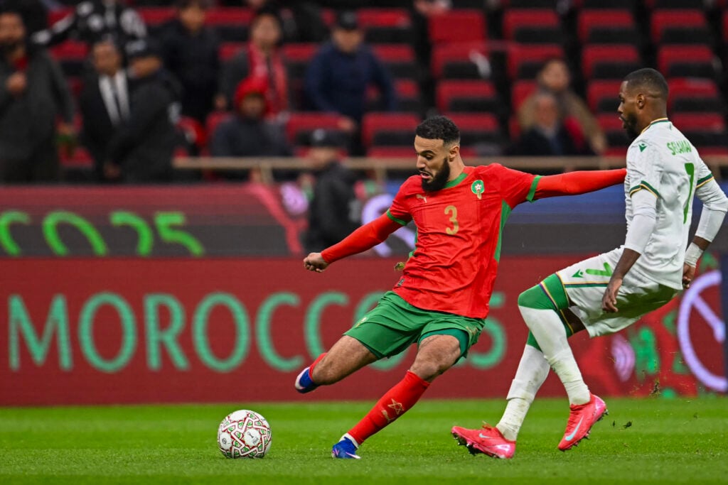 Noussair Mazraoui crossing for Morocco.
