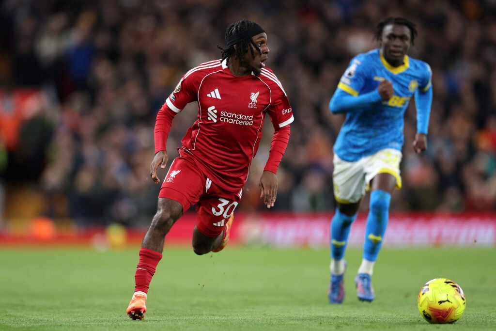 Jeremie Frimpong runs with the ball during Liverpool's Premier League match against Wolverhampton Wanderers at Anfield.