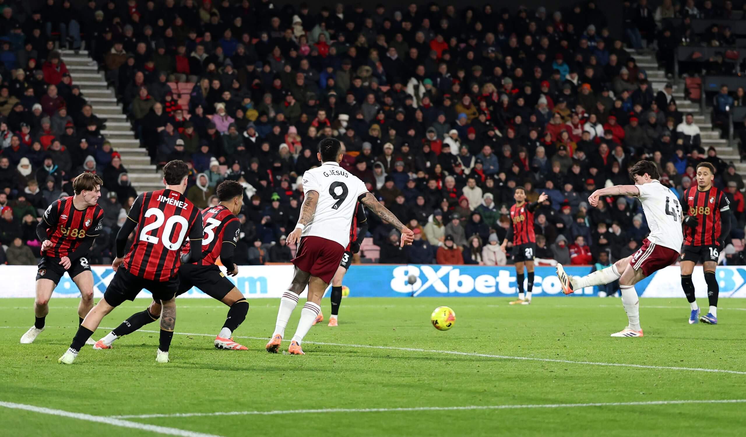 Arsenal's Declan Rice scores the winner with a right-footed shot at Bournemouth at the Vitality Stadium