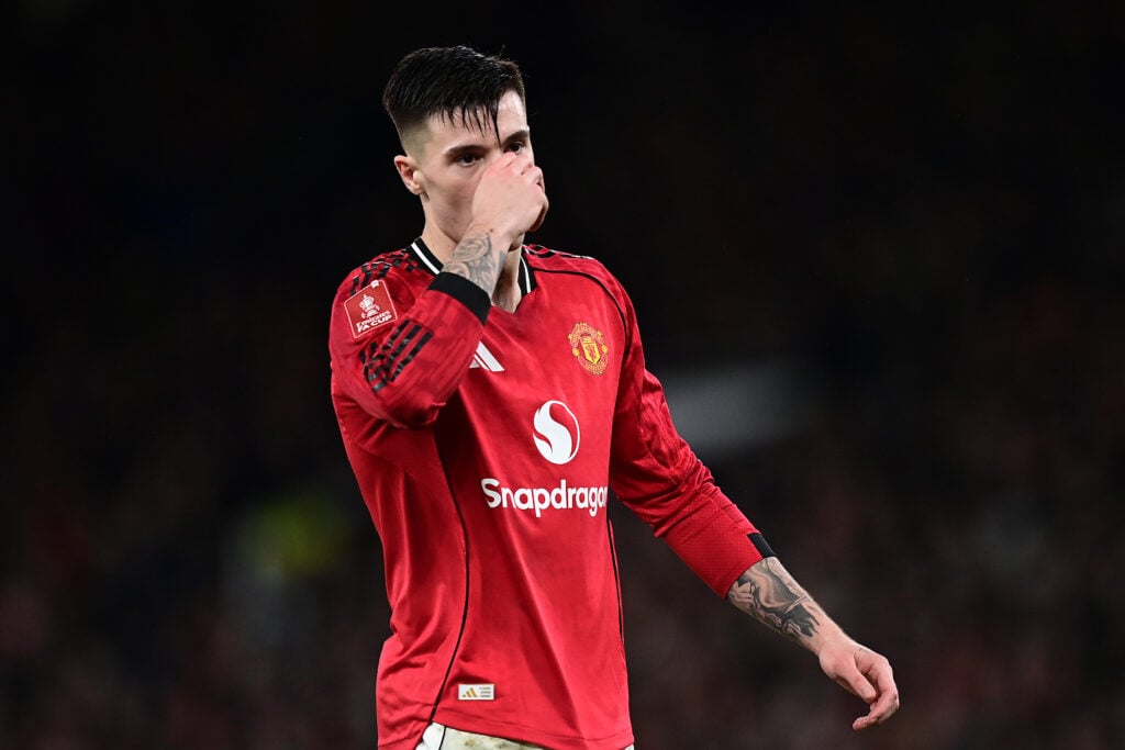 Benjamin Sesko reacts during the FA Cup third-round match between Manchester United and Brighton and Hove Albion in 2026 in Manchester, England.
