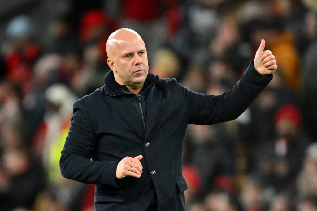 Arne Slot gives a thumbs up after Liverpool's FA Cup win over Barnsley at Anfield.