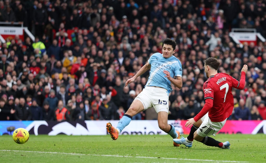 Mason Mount of Manchester United scores a goal which was later ruled out for offside by VAR during the Premier League match between Manchester United and Manchester City at Old Trafford on January 17, 2026
