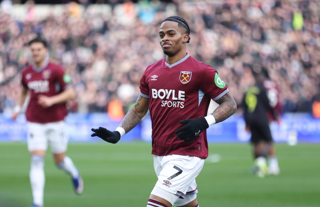 Crysencio Summerville celebrates after scoring for West Ham against Sunderland.