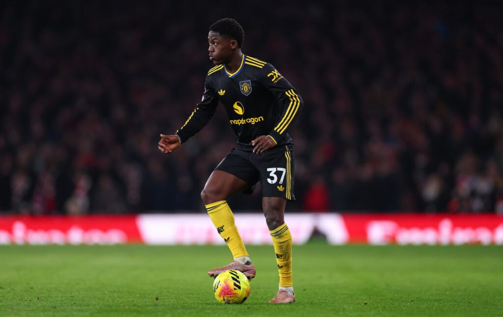 Kobbie Mainoo during the Premier League match between Arsenal and Manchester United at the Emirates Stadium in 2026 in London, England.