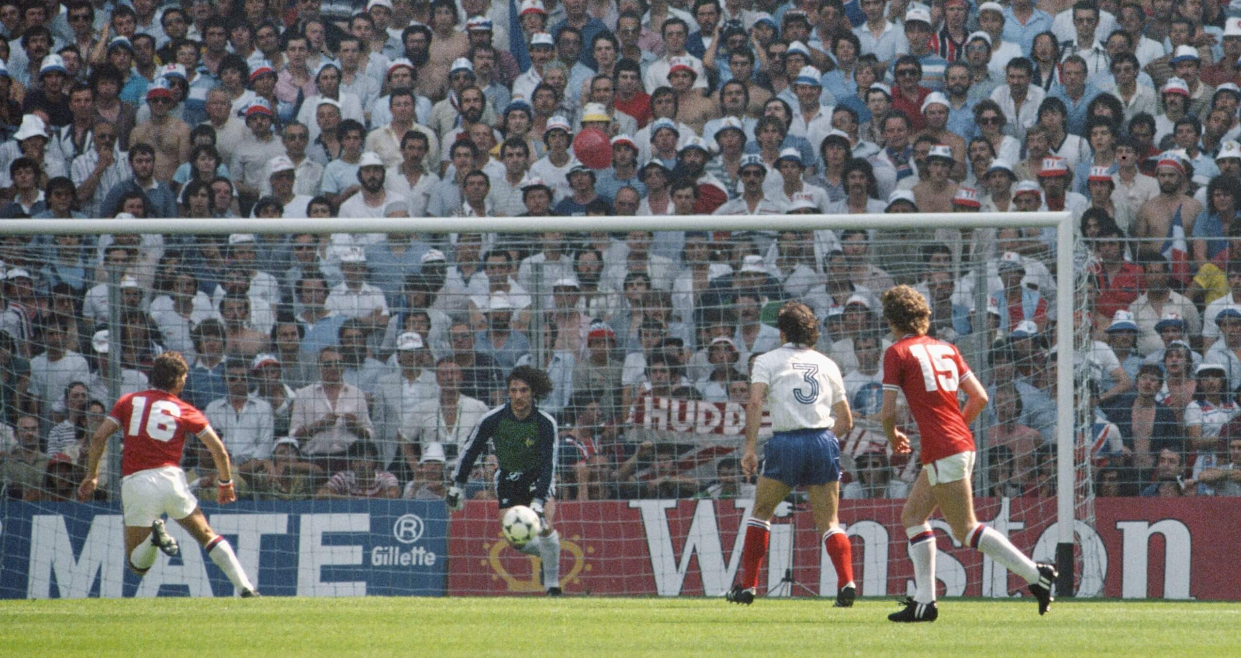 Bryan Robson (No 16) scores past Jean-Luc Ettori to put England ahead after 27 seconds during the 1982 FIFA World Cup Group 4 match against France at Estadio San Mames