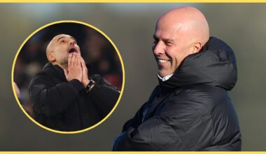 Arne Slot grins as Pep Guardiola looks defeated.