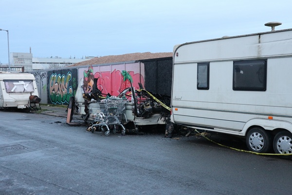 The remains of a caravan on Goodneston Road, Fishponds, destroyed in an arson attack on January 6, 2026. The caravan to the right has also been damaged