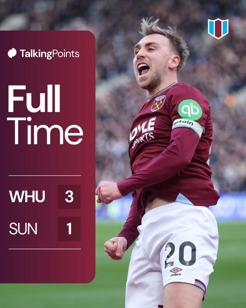 A graphic showing the full-time score between West Ham and Sunderland (3-1) in the Premier League on 24/01/2026.