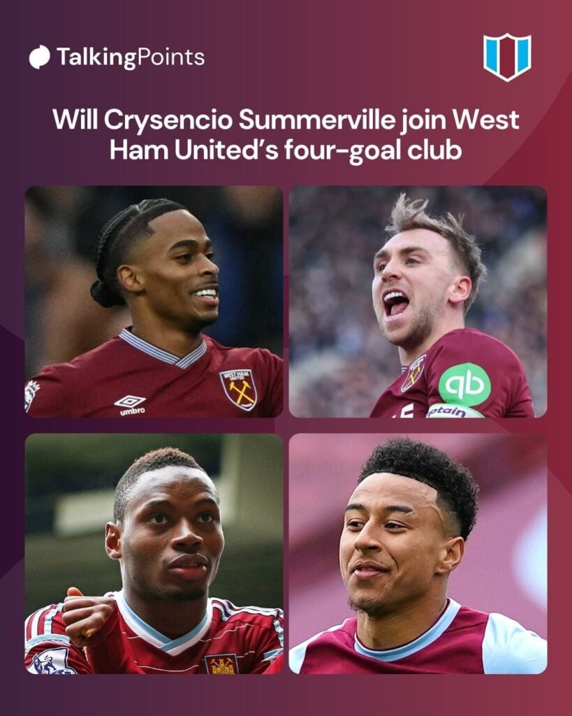 West Ham United's Dutch striker #07 Crysencio Summerville celebrates after scoring the opening goal during the English Premier League football match between Tottenham Hotspur and West Ham United at the Tottenham Hotspur Stadium in London, on January 17, 2026. West Ham United's Jarrod Bowen celebrates after assisting his side's first goal during the Premier League match between West Ham United and Sunderland at London Stadium on January 24, 2026 in London, England. Diafra Sakho of West Ham celebrates after scoring his team's second goal during the Barclays Premier League match between Tottenham Hotspur and West Ham United at White Hart Lane on February 22, 2015 in London, England. Jesse Lingard of West Ham United celebrates after scoring their side's second goal during the Premier League match between West Ham United and Leicester City at London Stadium on April 11, 2021 in London, England. Sporting stadiums around the UK remain under strict restrictions due to the Coronavirus Pandemic as Government social distancing laws prohibit fans inside venues resulting in games being played behind closed doors.