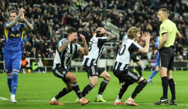 Three Newcastle cheats berate the ref as he books fellow cheat Joelinton for diving trying to win a penalty, Joe Rodon stands next to them applauding