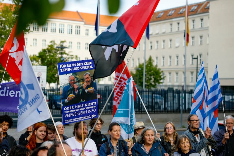Protesters demonstrate against compulsory military service in front of the Defence Ministry in Berlin in August 2025. Photograph: Odd Andersen/AFP via Getty Images         