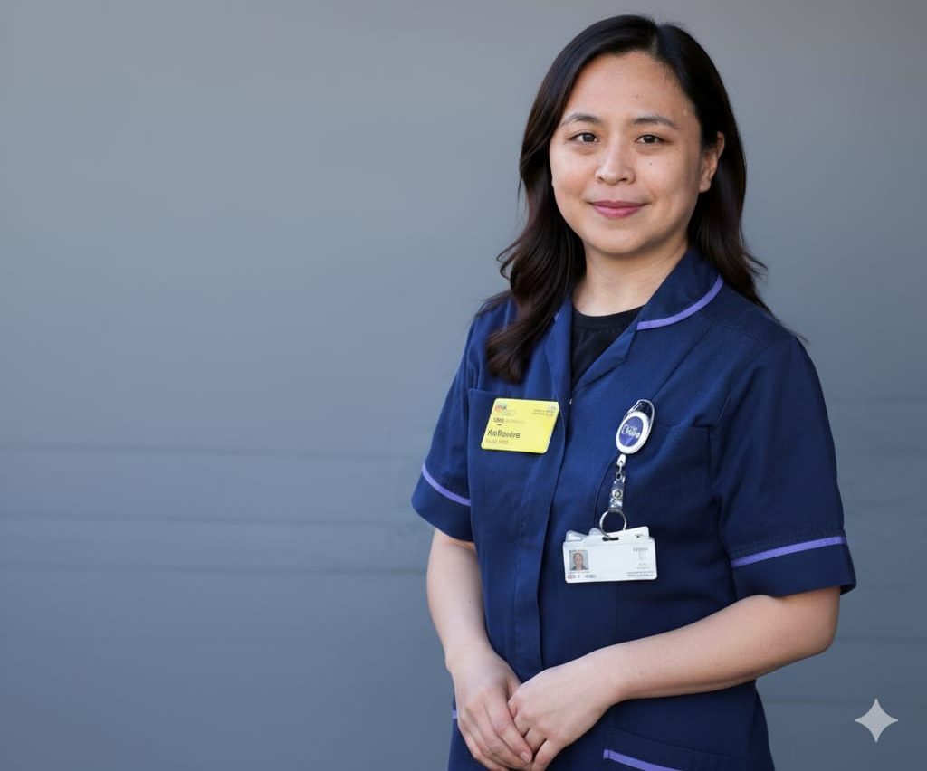 A nurse in a blue uniform on a grey background