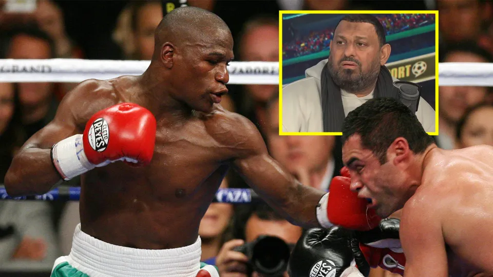 A graphic of Floyd Mayweather boxing with an image of Prinxe Naseem Hamed embedded