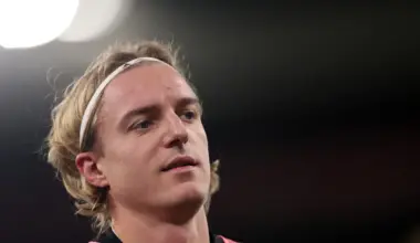 Leeds United defender Sebastiaan Bornauw warms up under the floodlights