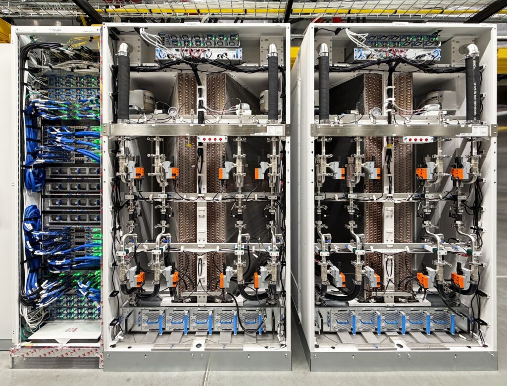 A view of the Maia 200 rack and the HXU cooling unit. 