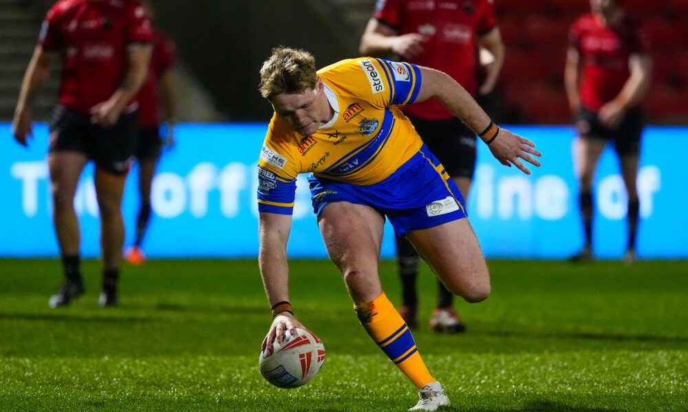 y League - Betfred Super League Round 7 - Salford Red Devils v Leeds Rhinos - Salford Community Stadium, Eccles, England - James McDonnell of Leeds scoring a try