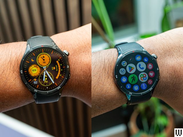 Two closeups of a wrist wearing a OnePlus Watch 3 watch, showing health metrics in one and app icons in the other