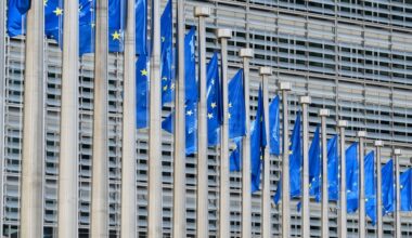 European flags in front of Berlaymont European Commission Brussels Belgium