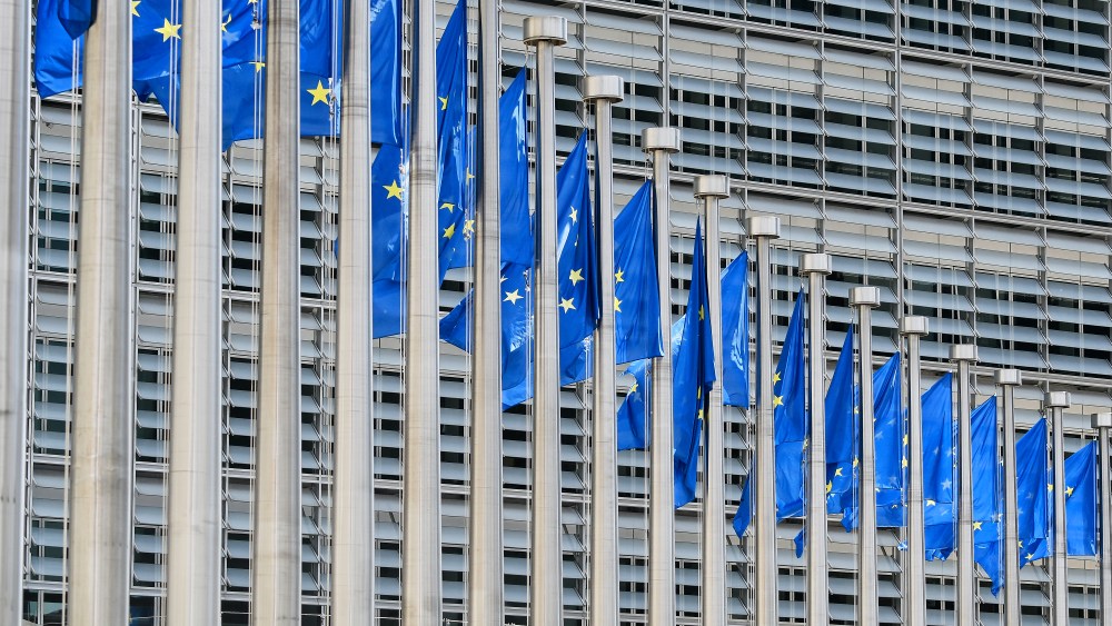 European flags in front of Berlaymont European Commission Brussels Belgium
