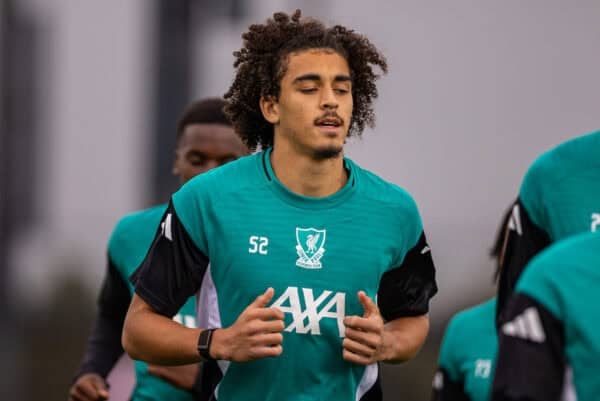 LIVERPOOL, ENGLAND - Tuesday, September 16, 2025: Liverpool's Jayden Danns during a training session at the AXA Training Centre ahead of the UEFA Champions League match between Liverpool FC and Atlético de Madrid. (Photo by David Rawcliffe/Propaganda)