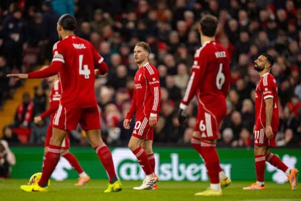 LIVERPOOL, ENGLAND - Saturday, November 22, 2025: Liverpool's Alexis Mac Allister reacts to his side conceeding the second goal during the FA Premier League match between Liverpool FC and Nottingham Forest FC at Anfield. (Photo by David Rawcliffe/Propaganda)