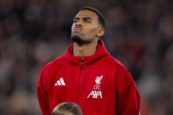LIVERPOOL, ENGLAND - Wednesday, November 26, 2025: Liverpool's Ryan Gravenberch before the UEFA Champions League match between Liverpool FC and PSV Eindhoven at Anfield. (Photo by David Rawcliffe/Propaganda)