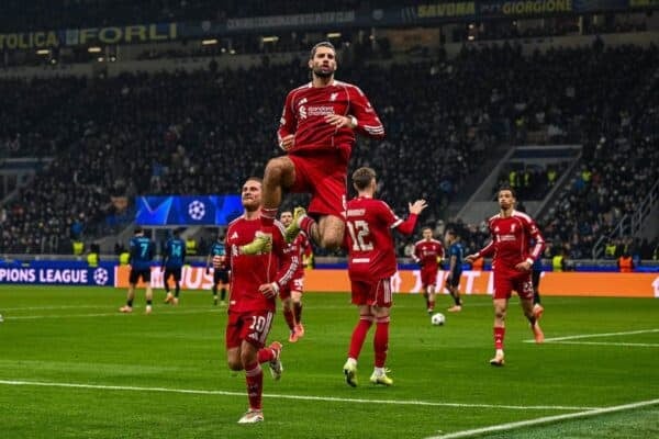 MILAN, ITALY - Monday, December 8, 2025: Liverpool's Dominik Szoboszlai celebrates after scoring the winning goal from a penalty-kick during the UEFA Champions League match between FC Internazionale Milano and Liverpool FC at the Stadio San Siro. (Photo by David Rawcliffe/Propaganda)
