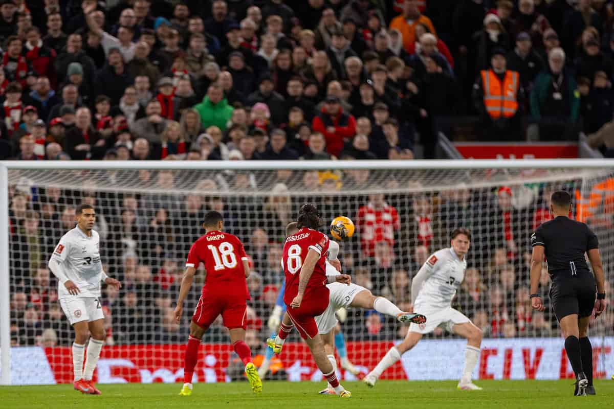 LIVERPOOL, ENGLAND - Monday, January 12, 2026: Liverpool's Dominik Szoboszlai scores the first goal during the FA Cup 3rd Round match between Liverpool FC and Barnsley FC at Anfield. (Photo by David Rawcliffe/Propaganda)
