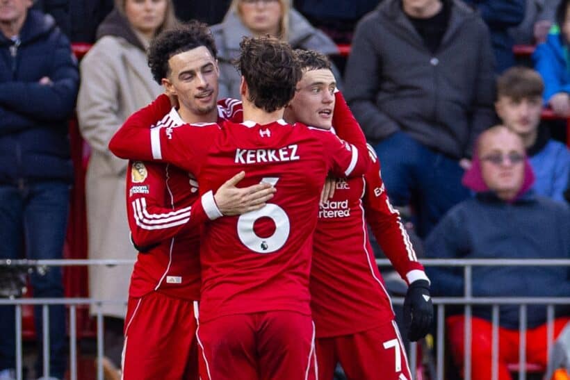 LIVERPOOL, ENGLAND - Saturday, January 17, 2026: Liverpool's Florian Wirtz (R) celebrates with team-mates Curtis Jones (L) and Milos Kerkez after scoring the first goal during the FA Premier League match between Liverpool FC and Burnley FC at Anfield. (Photo by David Rawcliffe/Propaganda)