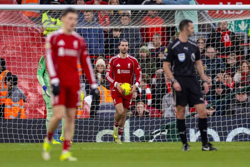 LIVERPOOL, ENGLAND - Saturday, January 17, 2026: Liverpool's Dominik Szoboszlai reacts to conceeding the equalising goal during the FA Premier League match between Liverpool FC and Burnley FC at Anfield. (Photo by David Rawcliffe/Propaganda)