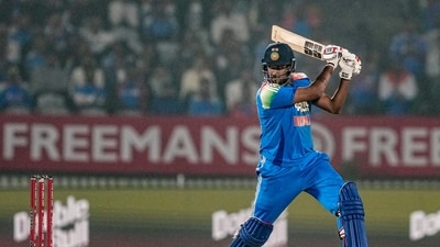 India's Harshit Rana plays a shot during the first ODI cricket match. (PTI)
