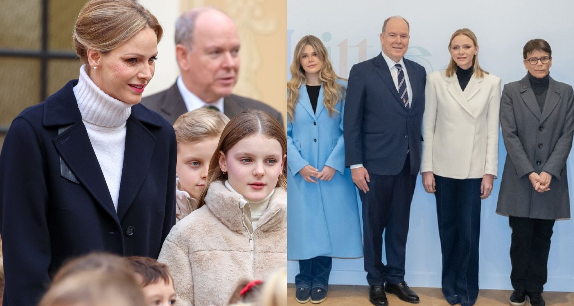 Princess Charlene and Princess Gabriella; Prince Albert, Princess Charlene and Princess Stephanie standing next to each other against a wall