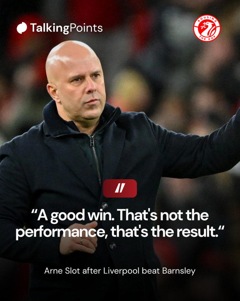 Arne Slot gives a thumbs up after Liverpool's FA Cup win over Barnsley at Anfield.