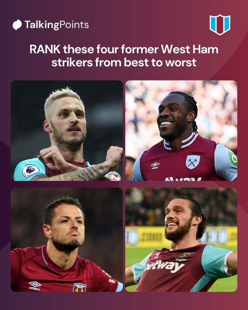 Top left, Marko Arnautovic of West Ham United celebrates after scoring his sides second goal during the Premier League match between West Ham United and Watford at London Stadium on February 10, 2018 in London, England. Top right, Michail Antonio of West Ham United celebrates scoring his team's first goal during the Premier League match between West Ham United FC and Ipswich Town FC at London Stadium on October 05, 2024 in London, England. Bottom left, avier Hernandez of West Ham United celebrates after scoring his team's third goal during the Premier League match between West Ham United and Crystal Palace at London Stadium on December 8, 2018 in London, United Kingdom. Bottom right, West Ham striker Andy Carroll celebrates after scoring the fourth West Ham goal during the Premier League match between Swansea City and West Ham United at Liberty Stadium on December 26, 2016 in Swansea, Wales.