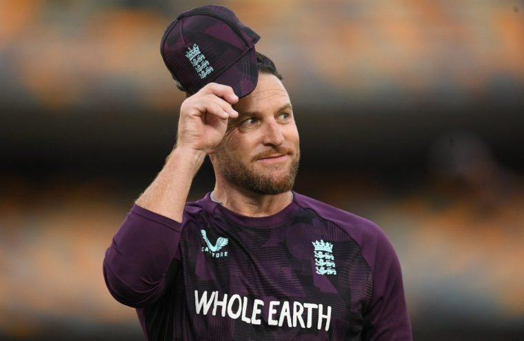 BRISBANE, AUSTRALIA - DECEMBER 01: Brendon McCullum looks on during an England nets session at The Gabba on December 01, 2025 in Brisbane, Australia. (Photo by Philip Brown/Getty Images)