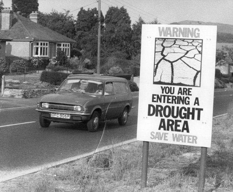 8th September 1976: A public information notice warning about the drought, erected by the road in the Bridport area of Dorset. (Photo by Frank Barratt/Keystone/Getty Images)