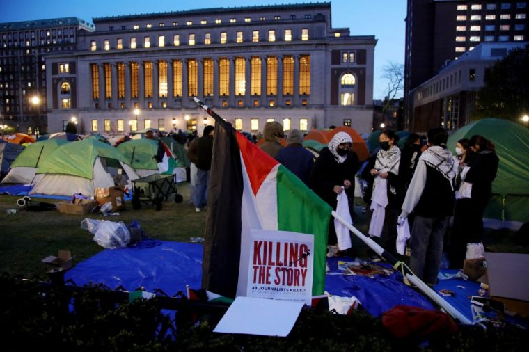 Pro-Palestinian protesters gather at an encampment at Columbia University campus in New York on April 25, 2024. College campuses across the US braced for fresh protests by pro-Palestinian students, extending a week of increasingly confrontational standoffs with police, mass arrests and accusations of anti-Semitism. (Photo by Leonardo Munoz / AFP) (Photo by LEONARDO MUNOZ/AFP via Getty Images)