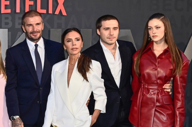 David Beckham, Victoria Beckham, Brooklyn Peltz Beckham and Nicola Peltz Beckham attend the Netflix 'Beckham' UK Premiere