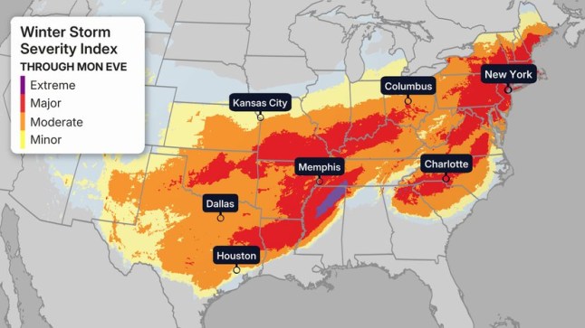 A map of the US with blotches of yellow, orange and red to indicate weather warnings for snow and ice