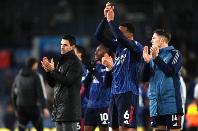 Arsenal manager Mikel Arteta (left) and players applauds the fans following victory in the Premier League match at Elland Road, Leeds. Picture date: Saturday January 31, 2026. PA Photo. Photo credit should read: Mike Egerton/PA Wire. RESTRICTIONS: EDITORIAL USE ONLY No use with unauthorised audio, video, data, fixture lists, club/league logos or 