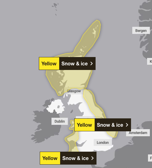 Yellow snow and ice warnings will remain in place on Tuesday