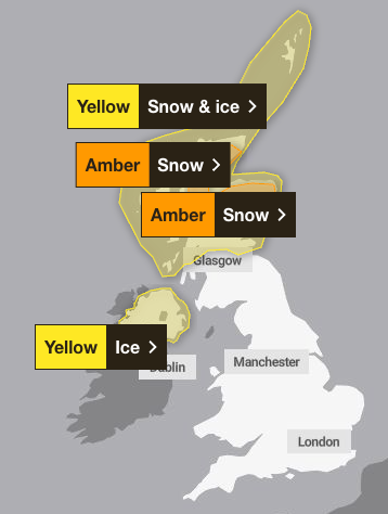 Two amber weather warnings and two yellow warnings remain in place on Tuesday
