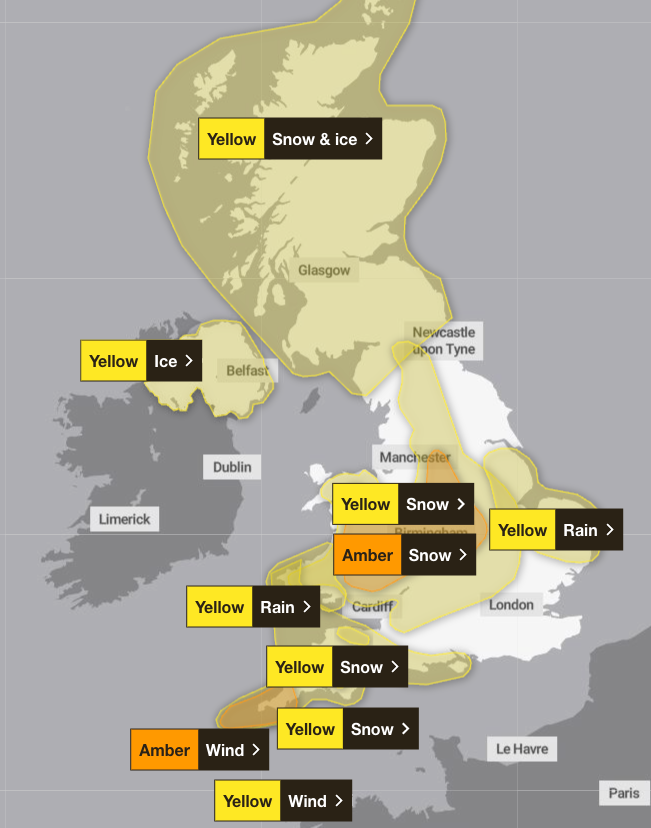 Ten weather warnings are in place across the UK on Thursday