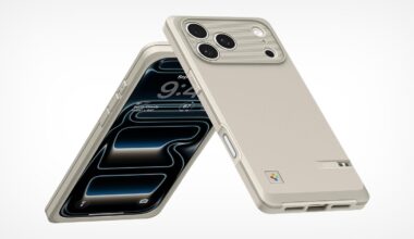 Two modern smartphones in beige, retro-style cases inspired by vintage computers. One phone displays a digital clock on its screen, while the other showcases the back, featuring prominent camera lenses and a small, colorful logo.