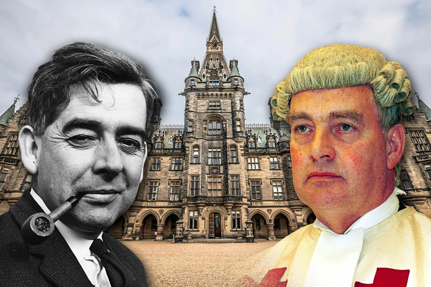 Collage of two men's portraits with a large building in the background.