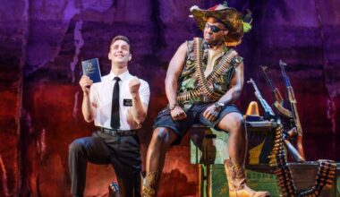 Cast of The Book of Mormon 2025 performing on stage at Prince of Wales Theatre, London